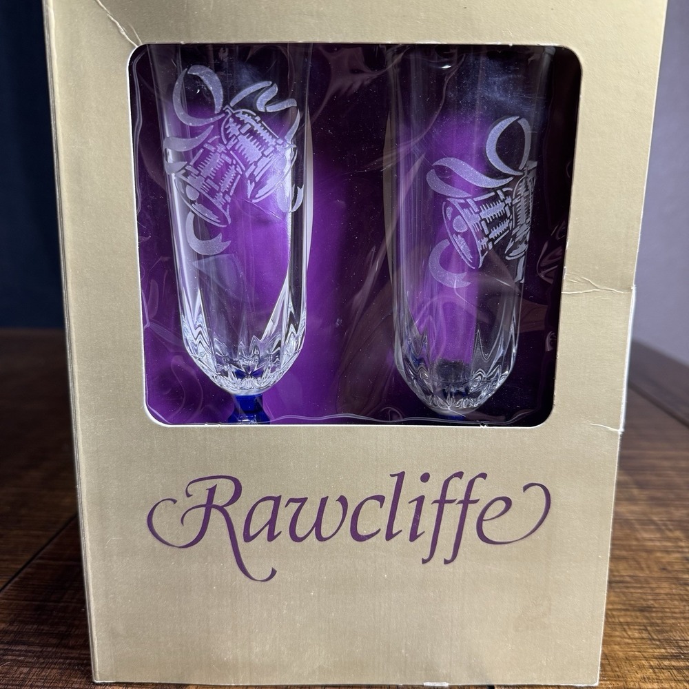 Vtg NOS Rawcliffe Bride & Groom Champagne Flutes Cobalt Blue Stems Wedding Bells